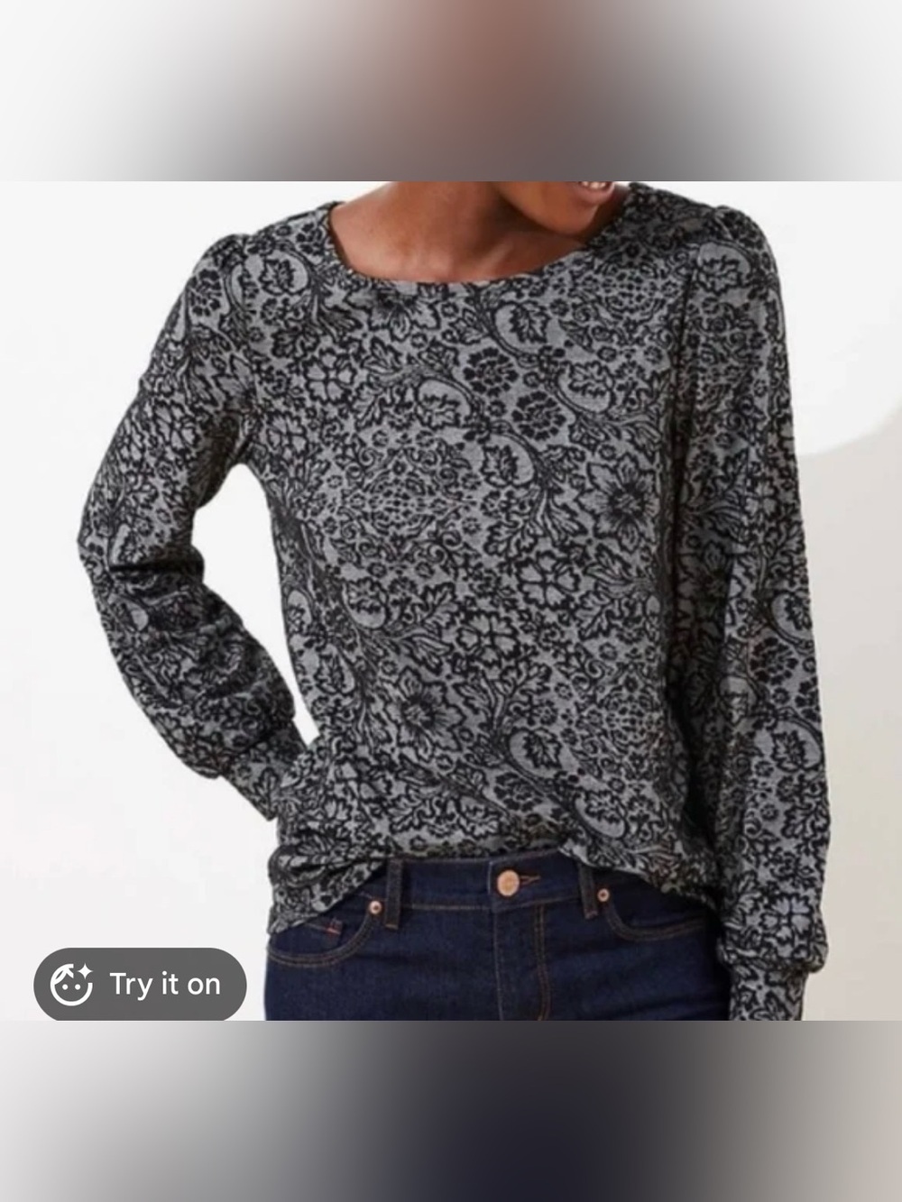 LOFT Women’s Black & Gray Jacquard Cutout  Floral Long-Sleeve Top, Size L, NWT